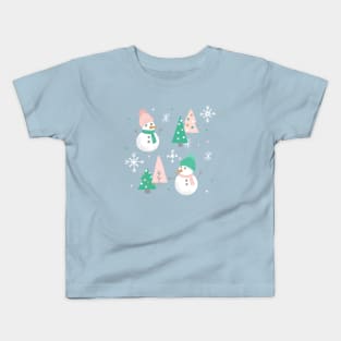 Cozy Snowmen on Mint Kids T-Shirt